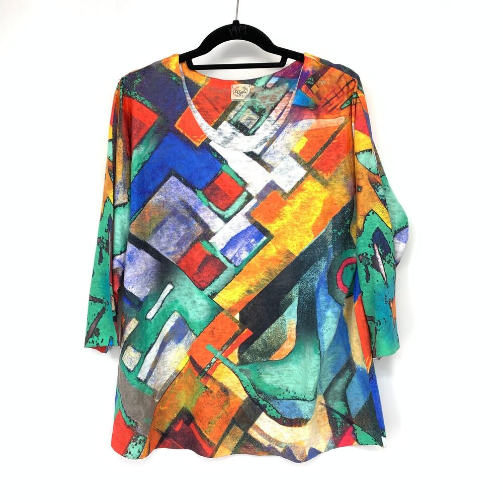 Et Lois 3/4 Sleeve Scoop Neck Top Womens Size XL Multicolor Abstract Art Print